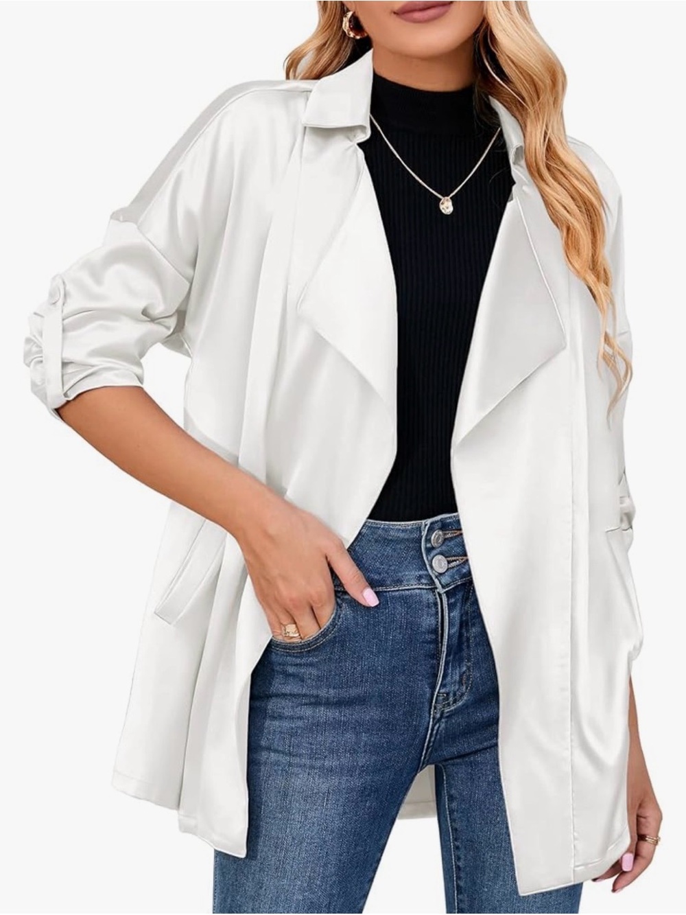 NWT Zegoo White Satin Blazer Jacket XL Open Front Roll Sleeve - Picture 2 of 6